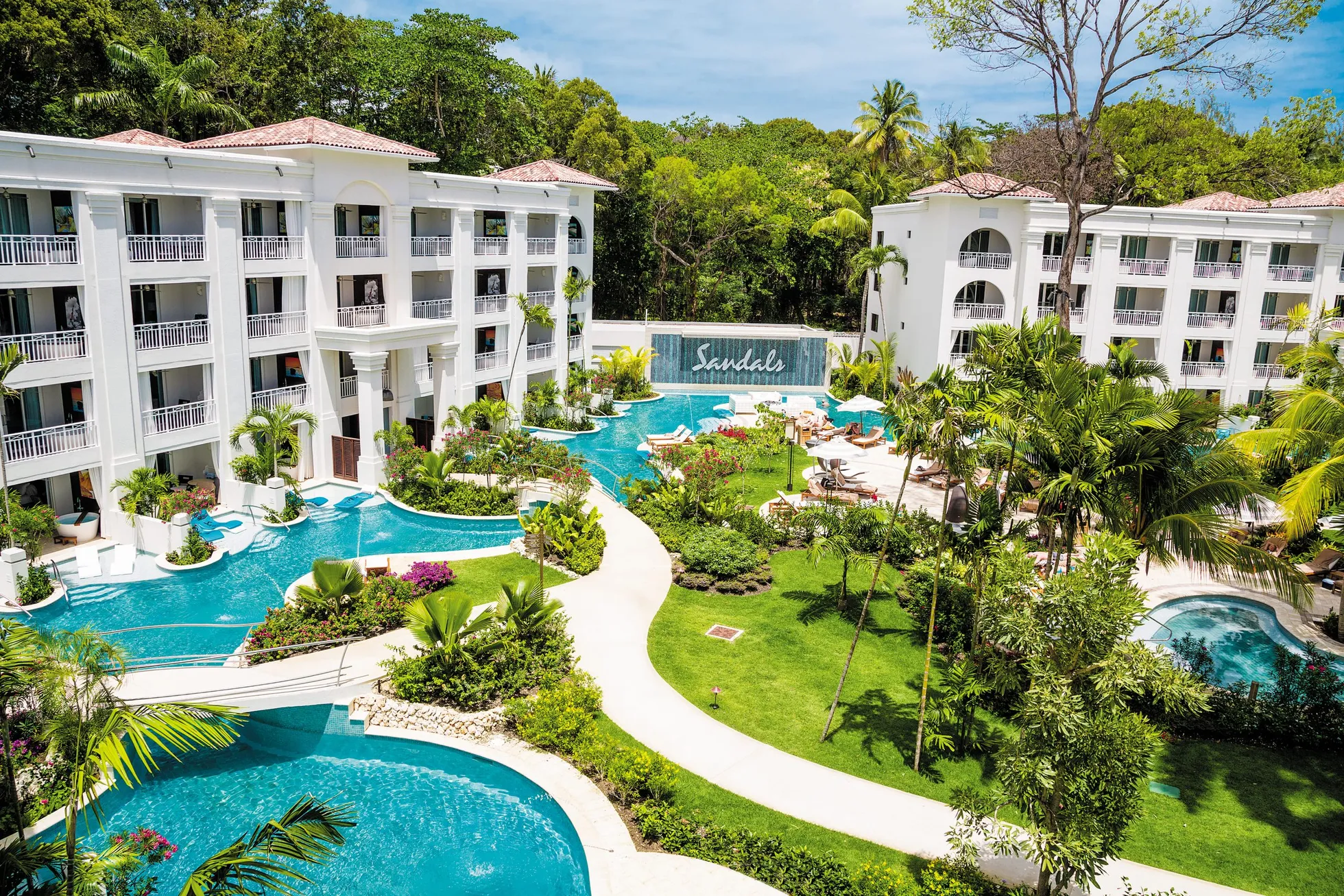 Aerial view of the beach front resort at Sandals, Barbados
